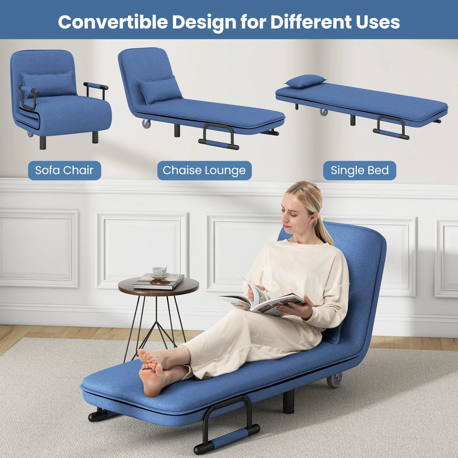 Costway Single Folding Sofa Bed Chair Modern Fabric Sleep Function Holder With Pillow in Blue 5