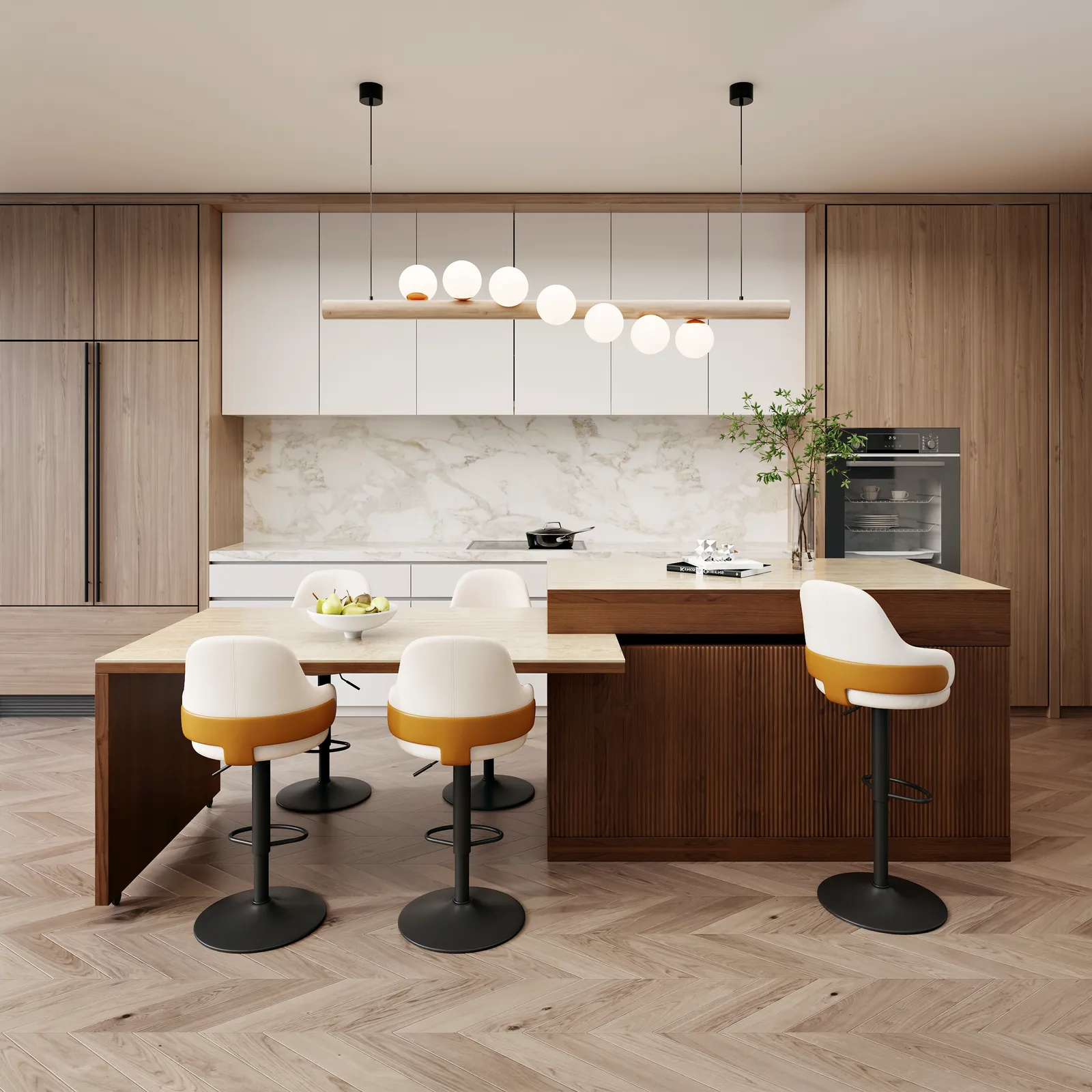 205 - 284 cm Modern Extendable Sintered Stone Kitchen Island Walnut with Doors and Drawers