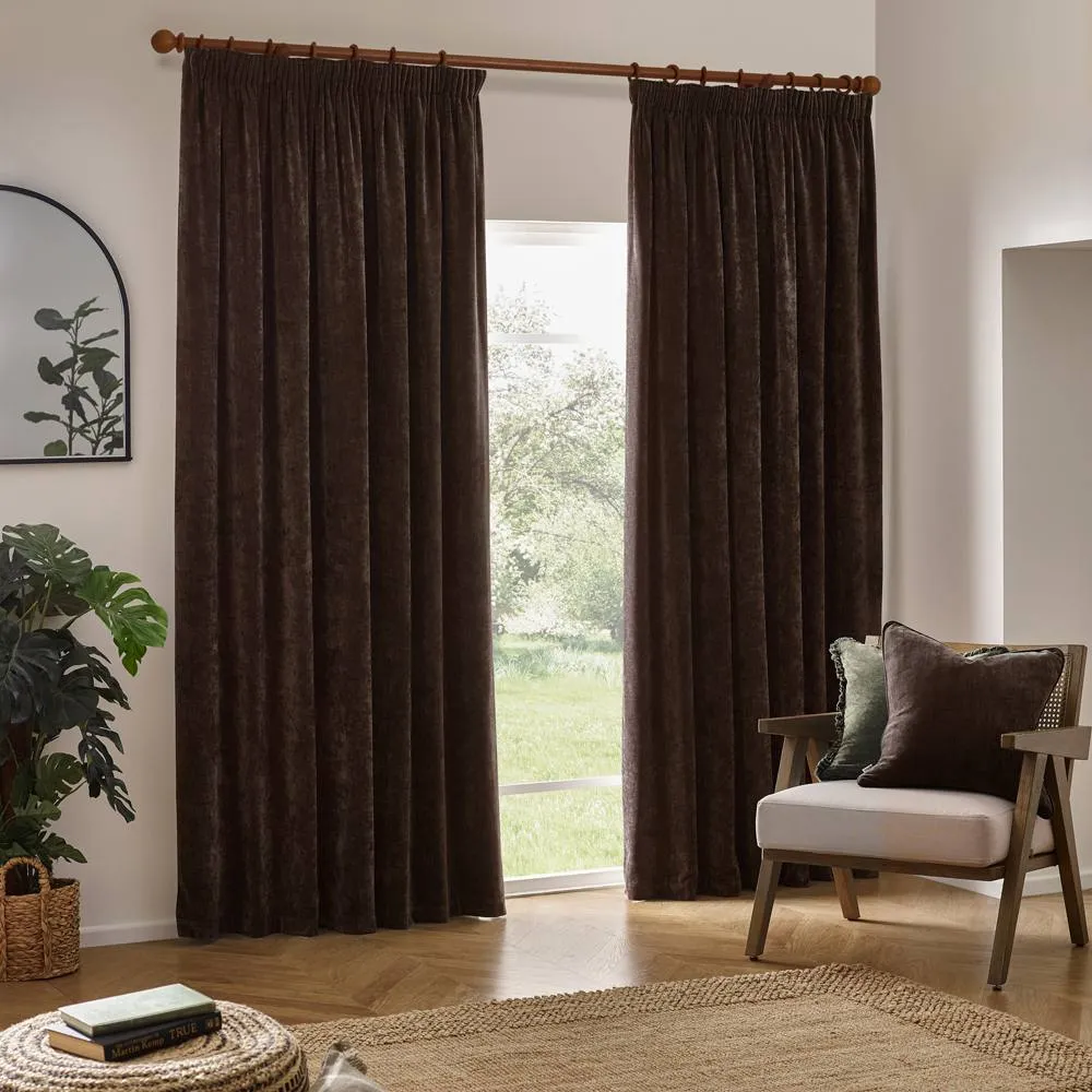Yard Heavy Chenille Blackout Pencil Pleat Curtain Pair in Brown 2