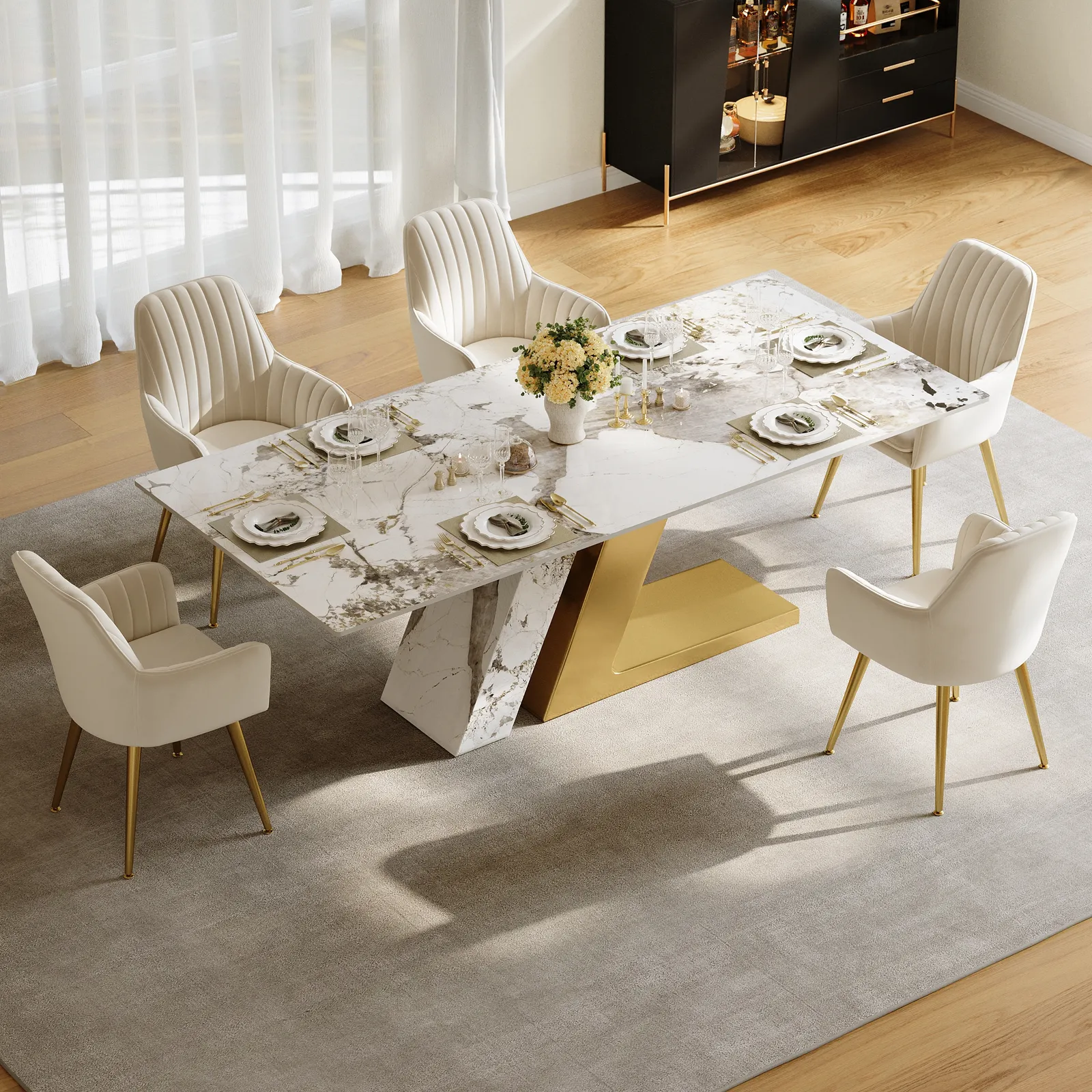 Rectangle Dining Table Faux Marble Top Stainless Steel for 8 Luxotic Modern 200 cm