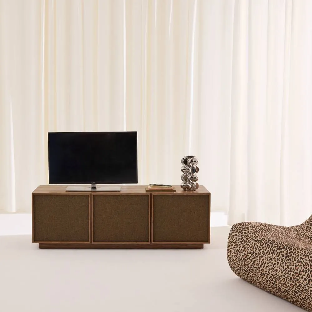 sweeek TV stand 3 doors wood decor & fabric 140cm in Dark Brown
