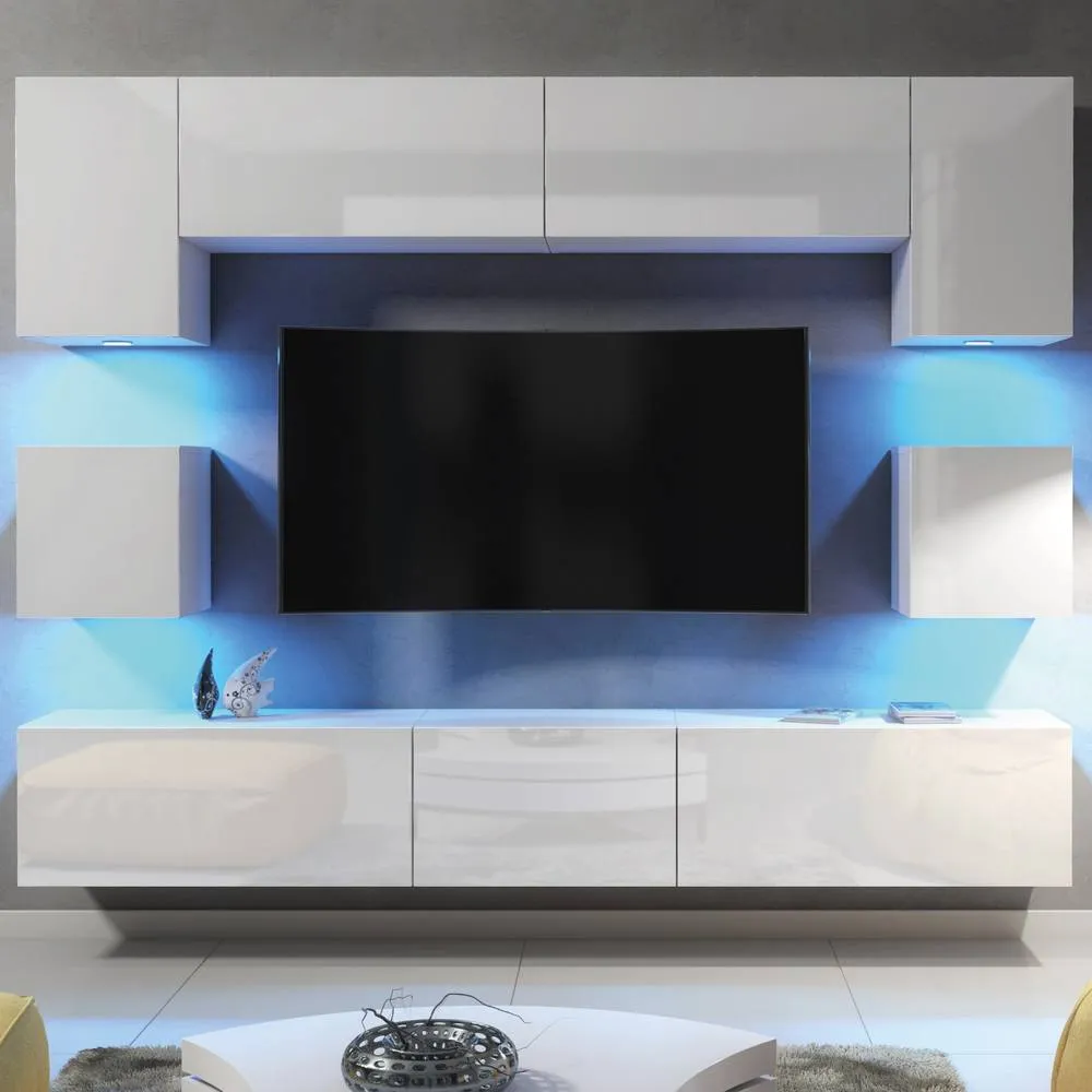 Creative Furniture Panorama Wall TV Unit - White with Gloss Doors + LED Lights