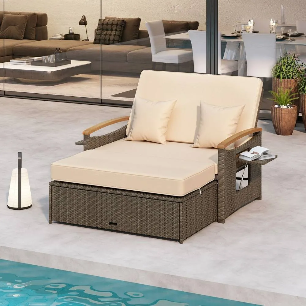 Costway Garden Rattan Daybed Patio Double Wicker Chaise Sun Lounger w/Cushion in Brown 2