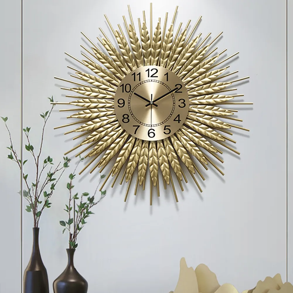 Large 3D Sunburst Metal Oversized Wall Clock Wheat Home Decor