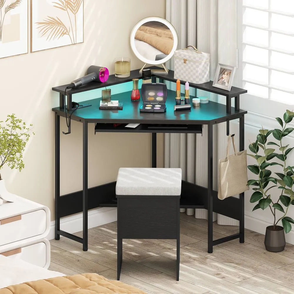 Costway Corner Desk Charging Station Home Triangle Gaming Desk LED in Black 4