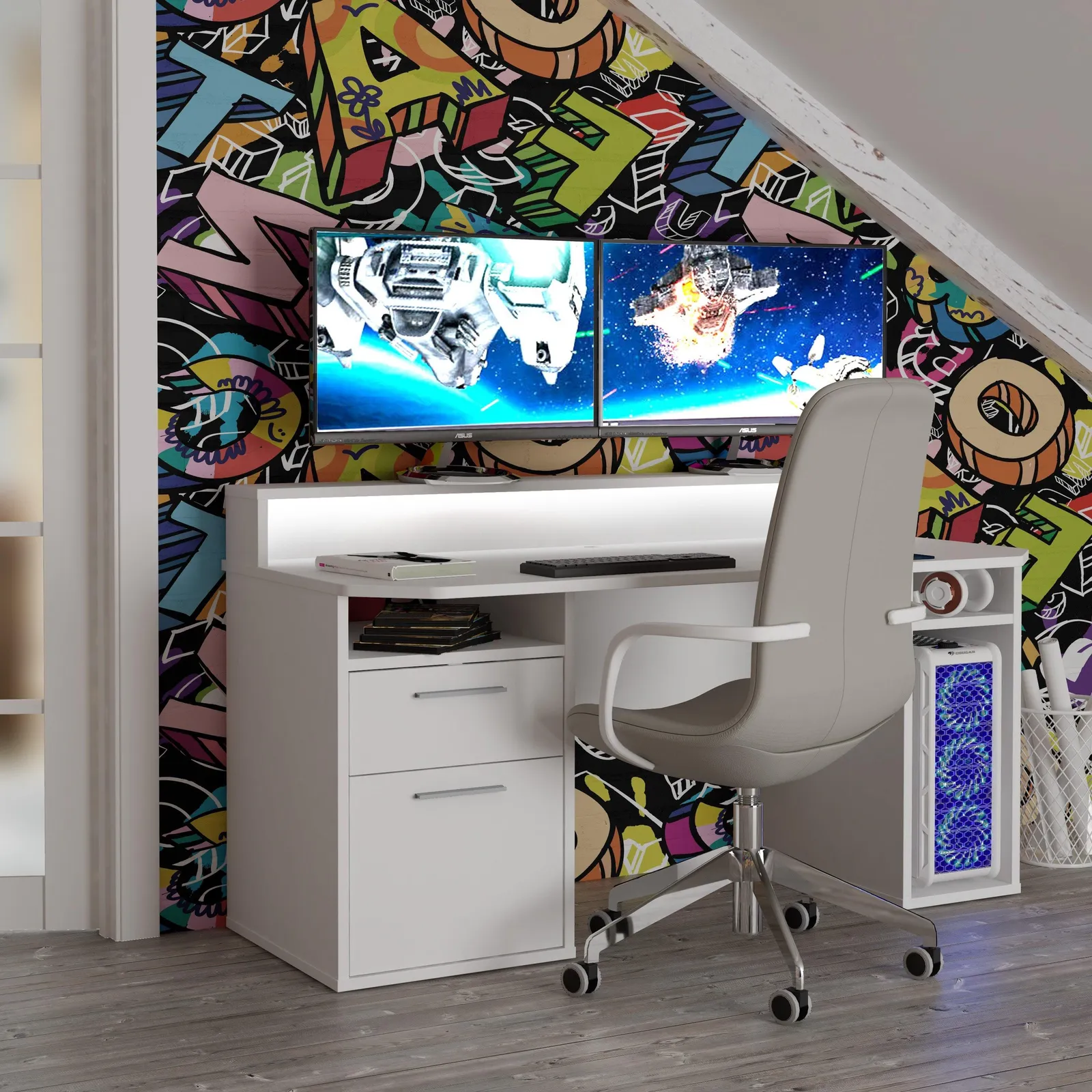 Furniture To Go Loadout White Gaming Desk with Colour Changing LED 6