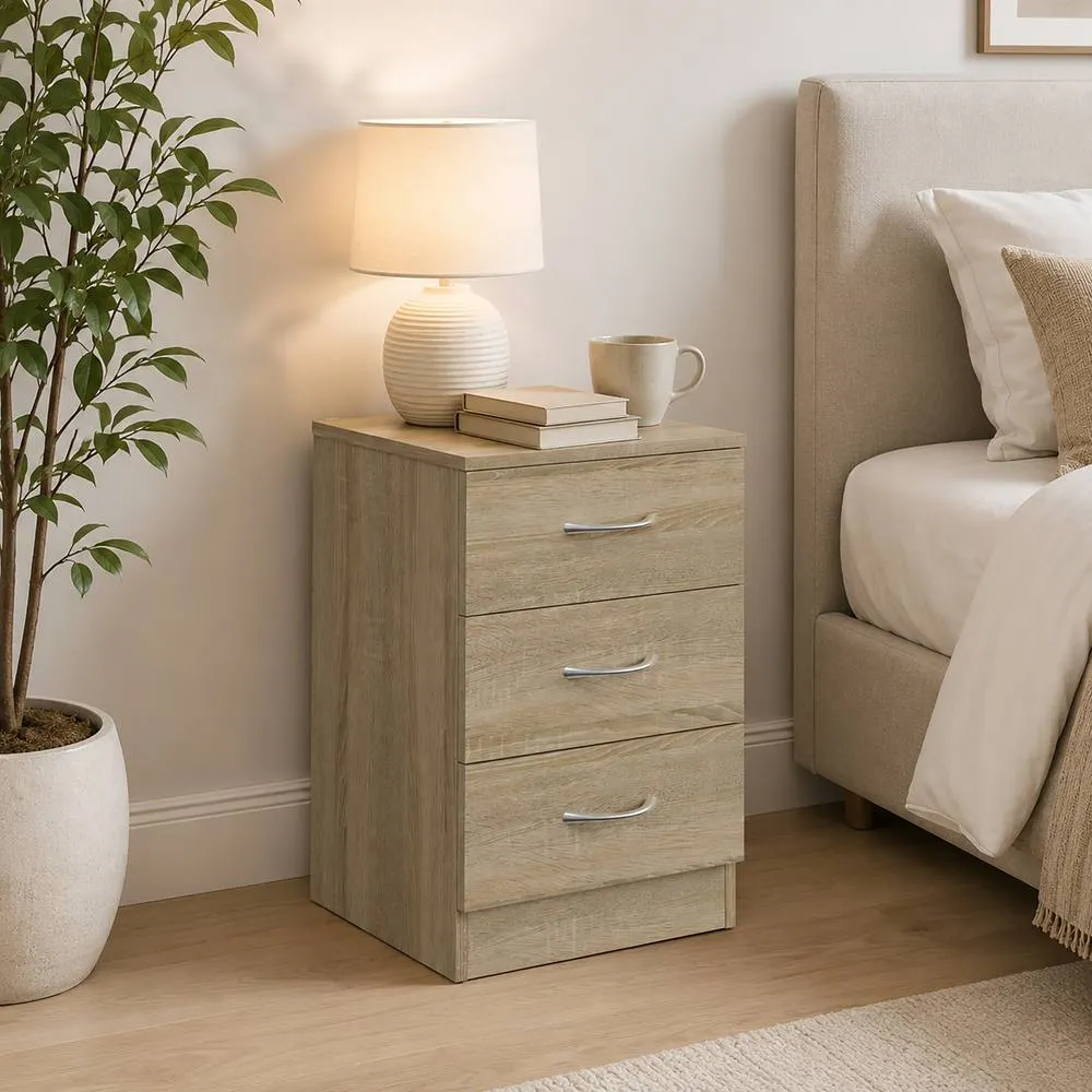 HOMCOM Modern 3 Drawers Side Table, Bedside Table with Wood Effect, Oak in Light Oak 2