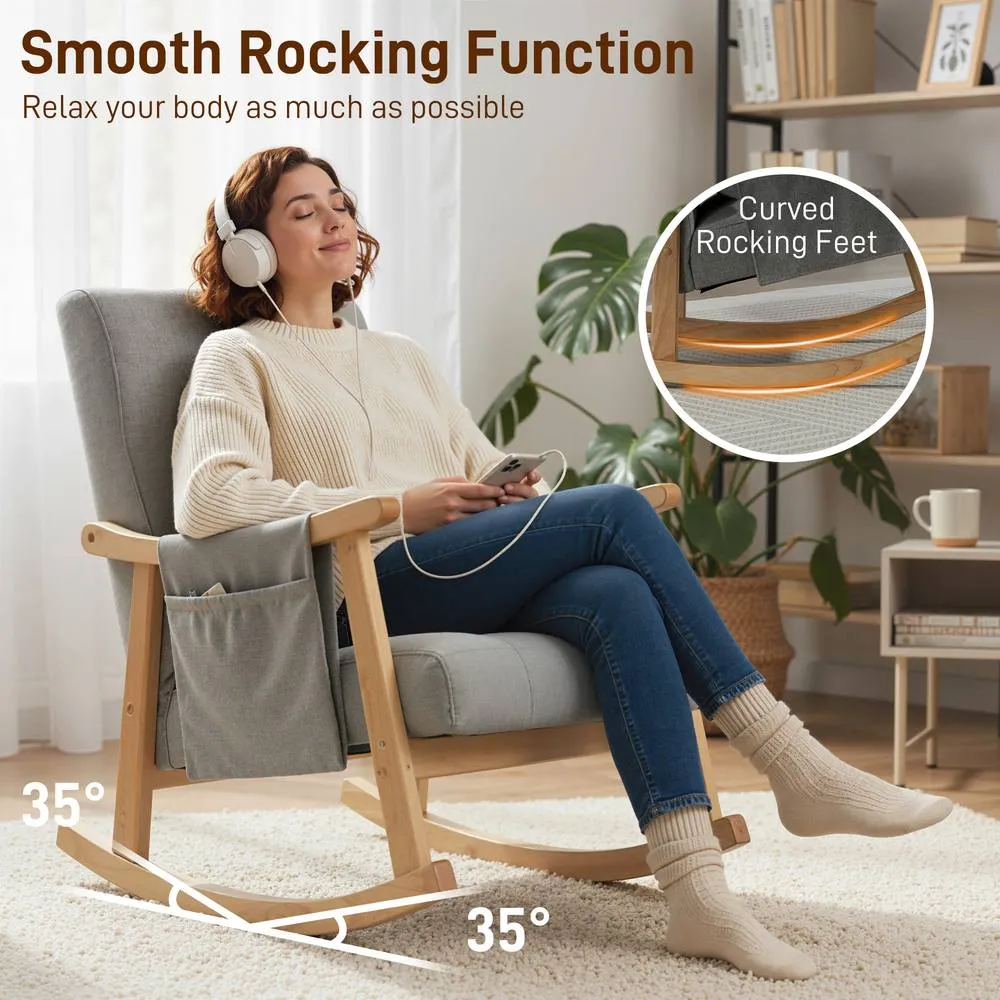 HOMCOM Modern High Back Rocking Chair with Solid Wood Legs in Light Grey 4