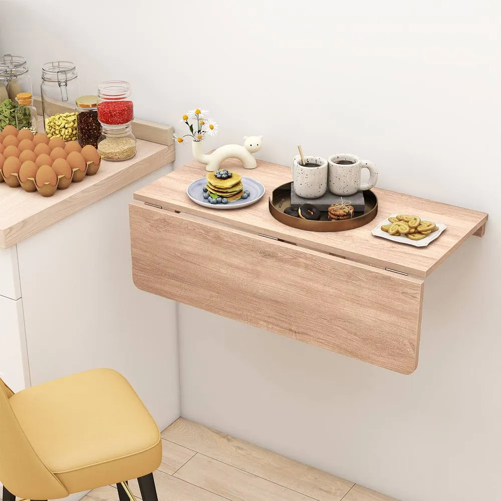 Costway Wall Mounted Wooden Folding Table 80x60cm Drop-Leaf Writing Desk in Natural