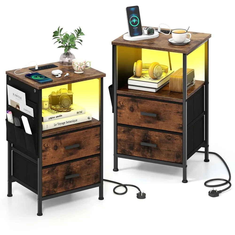 Costway 2 Pcs Bedroom Nightstand End Table with Charging Station-Brown in Brown