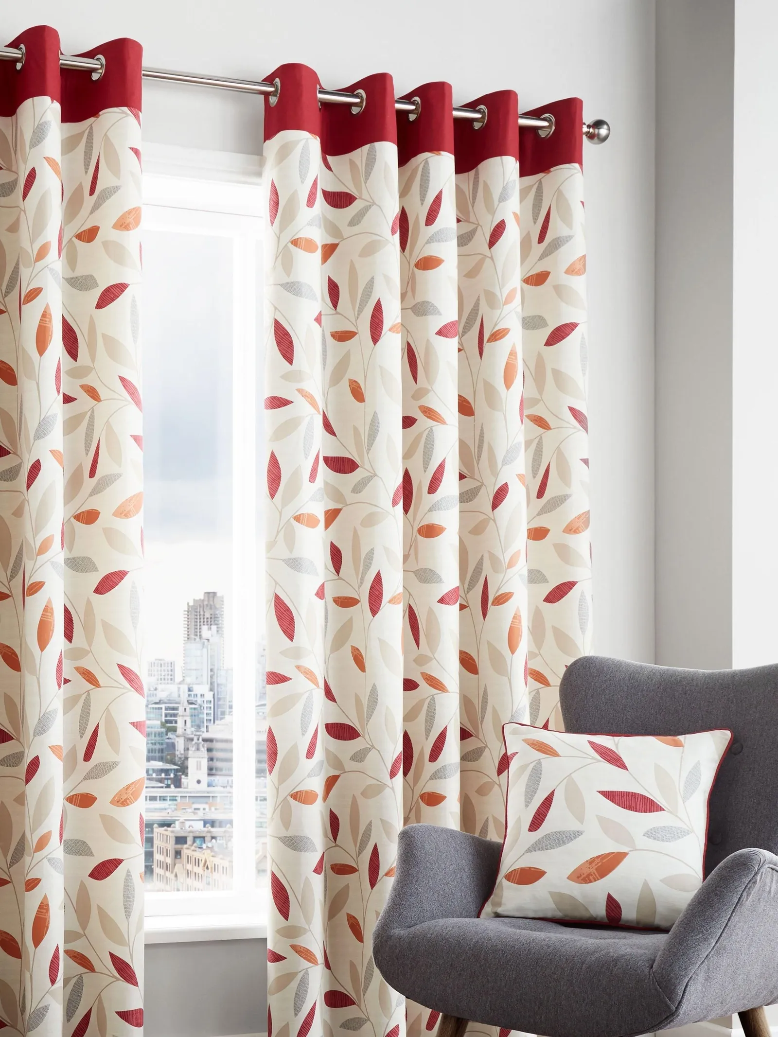 Fusion 'Beechwood' Leaf Trail Pair of 100% Cotton Eyelet Curtains in Red 4
