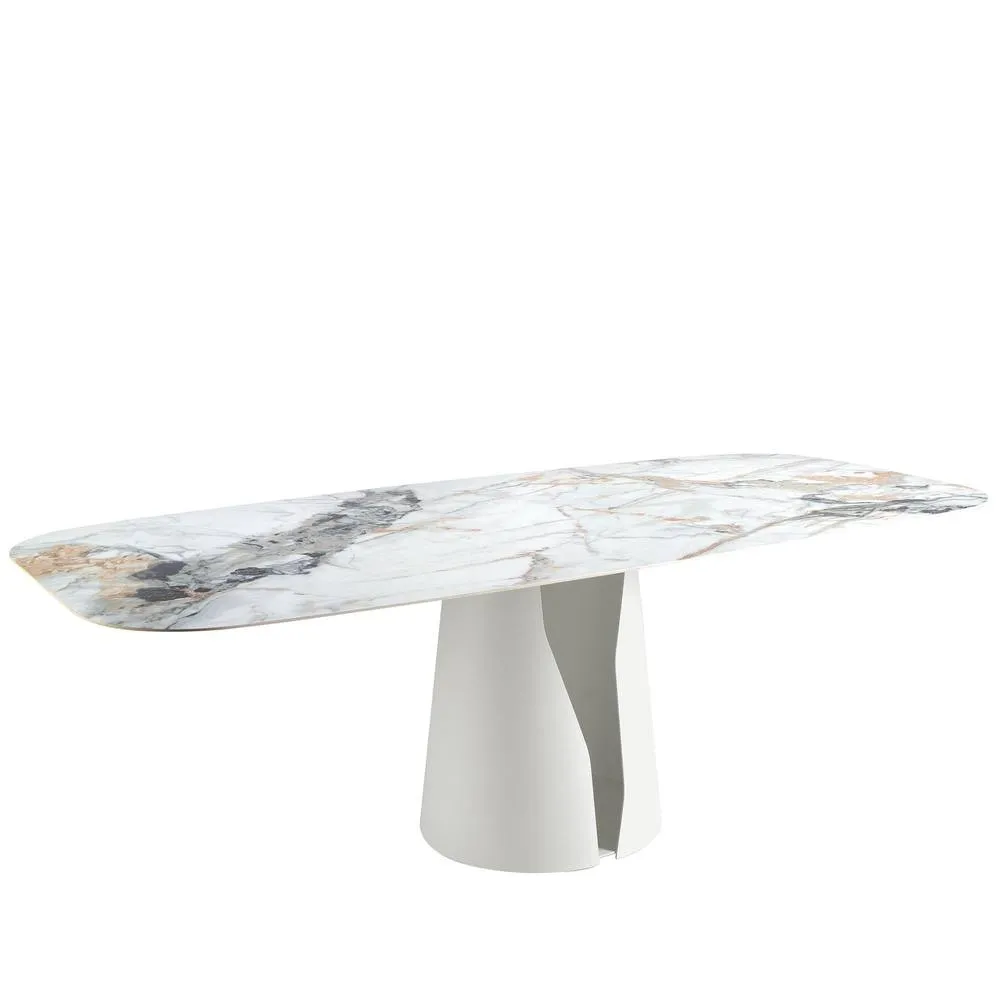 Angel Cerda Oval Porcelain Marble Dining Table, White Steel Legs