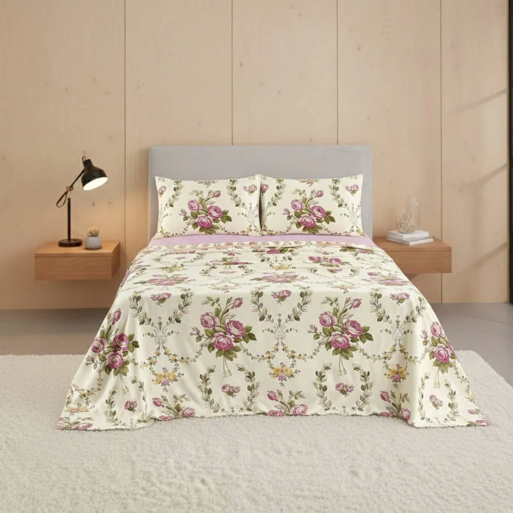 Snug City Soft Floral Brushed Cotton Fitted Flat Sheet & Matching Pillowcases in Pink