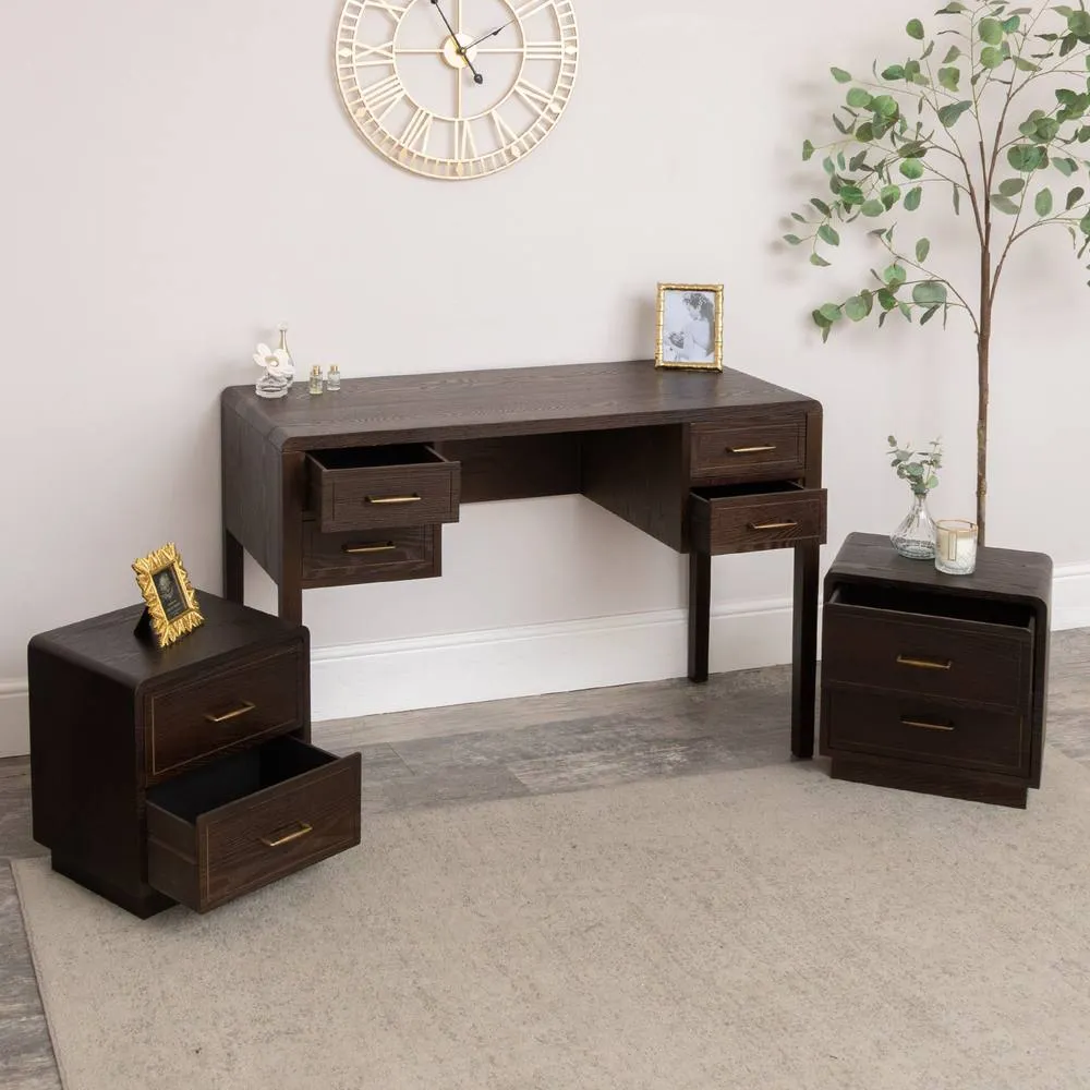 Melody Maison Dark Wood Dressing Table & Pair Of Bedside Tables - Kingsley Range in Brown 6