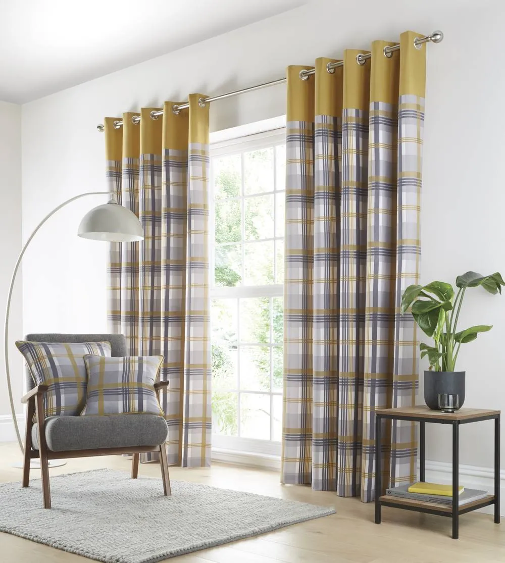 Portfolio Home Orleans Tartan Check Fully Lined Eyelet Curtains 2 Panel Pair in Yellow 2