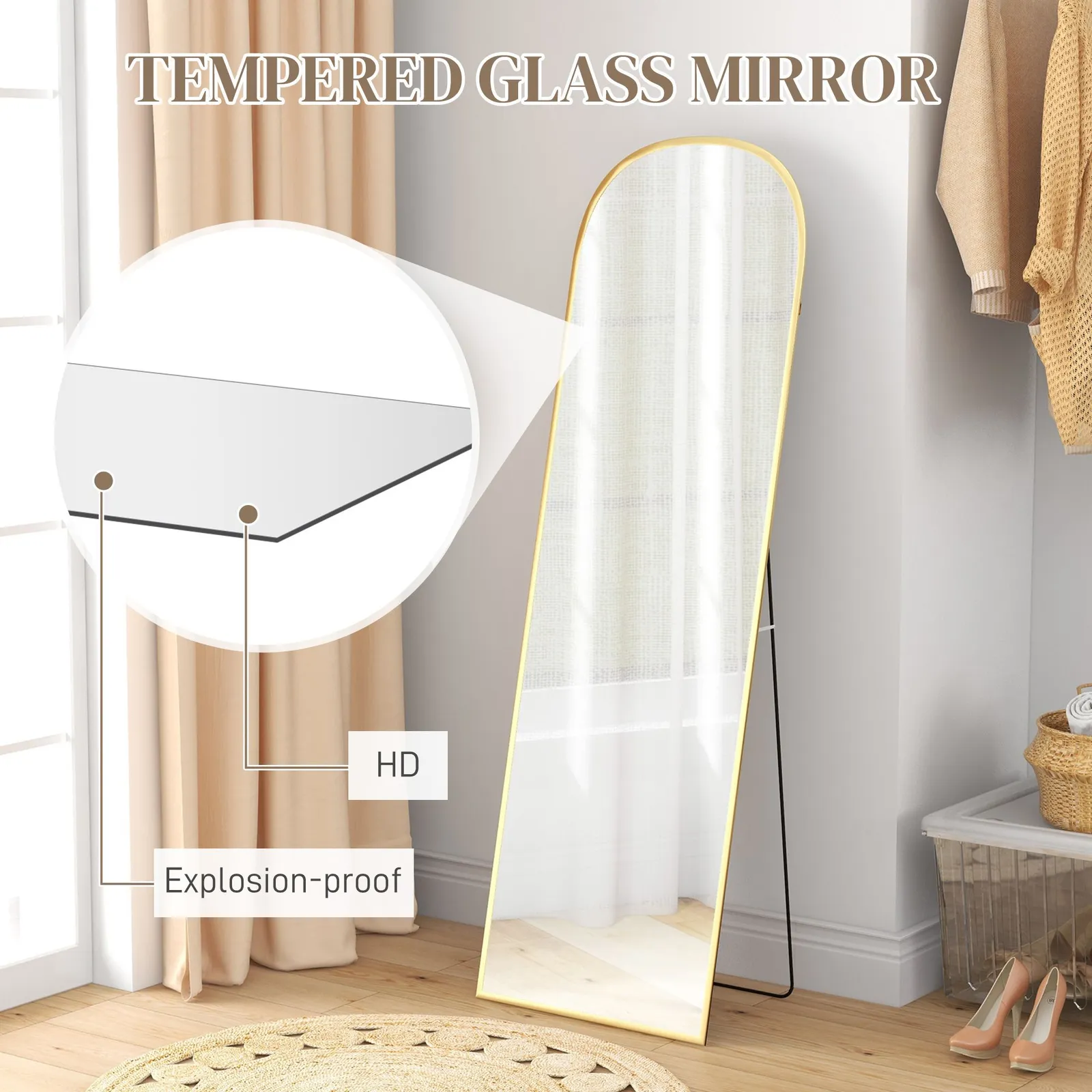 HOMCOM Full Length Mirror with Aluminium Alloy Frame Hanging Leaning Gold 6