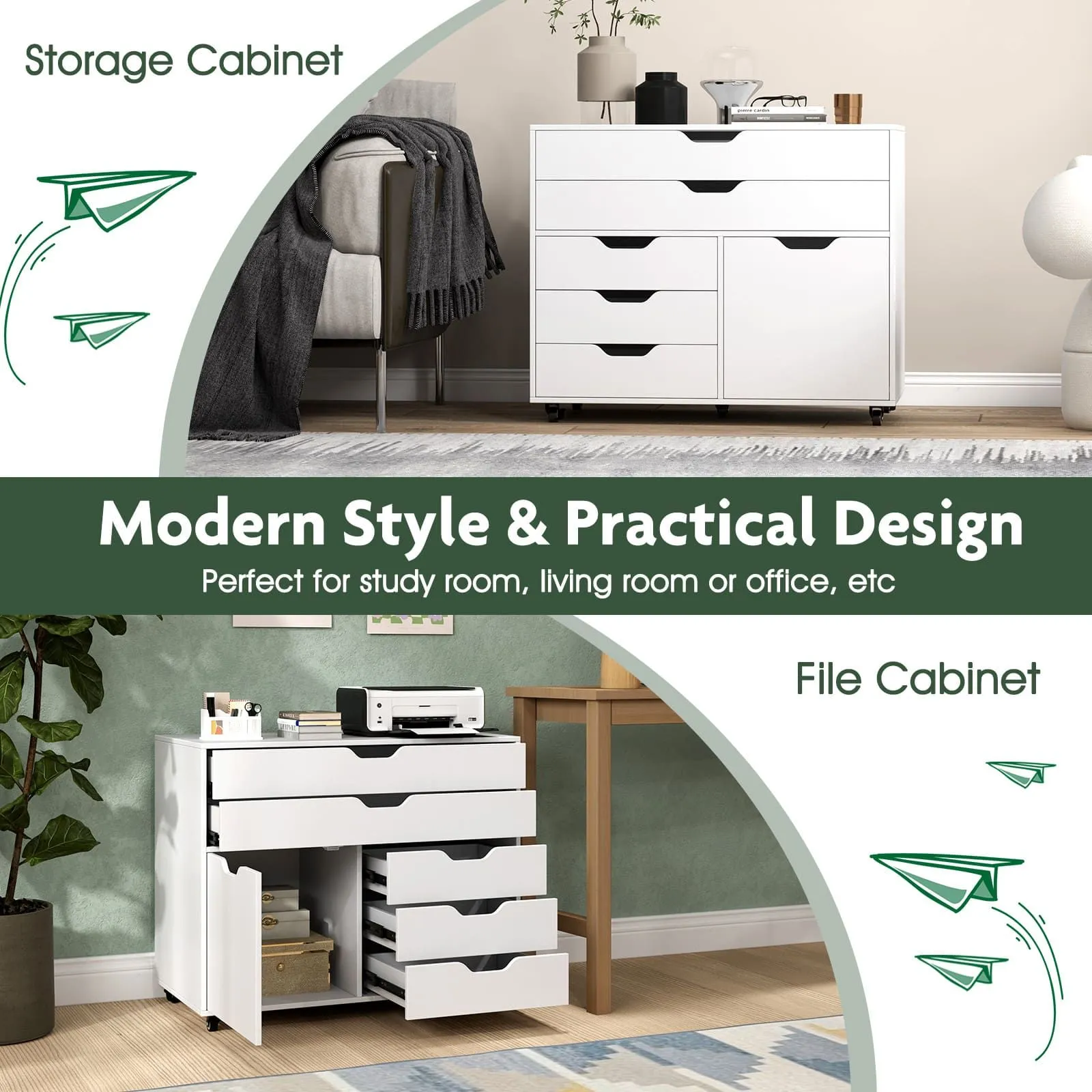 Costway 5-Drawer Chest Mobile Chest of Drawers with 5 Casters & Door-White in White 5