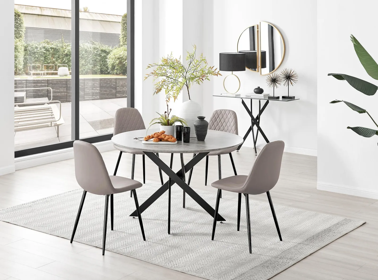 FurnitureboxUK Novara Grey Concrete Effect Black Leg 120cm Round Dining Table & 4 Corona Black Leg Chairs in Beige 1