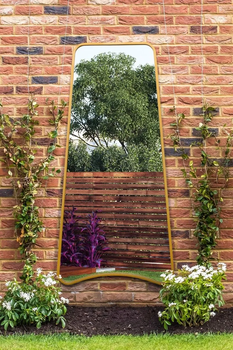 MirrorOutlet Gold Metal Trapezoid Shape Framed Garden Wall Mirror (200CM X 95CM)