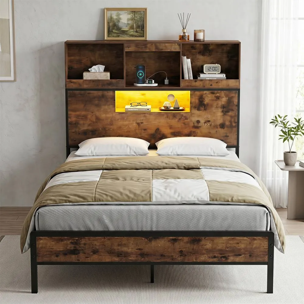 Costway King Size Bed Frame with LED Lights & Power Outlet Industrial Metal Platform Bed in Brown 5