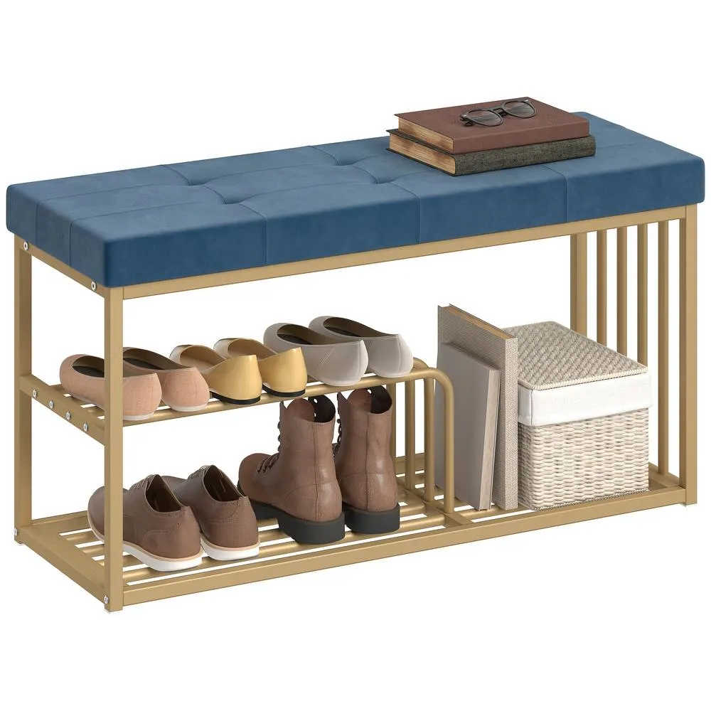 HOMCOM Shoe Storage Bench with Seat Cushion Tufted Shoe Rack Bench in Dark Blue 2