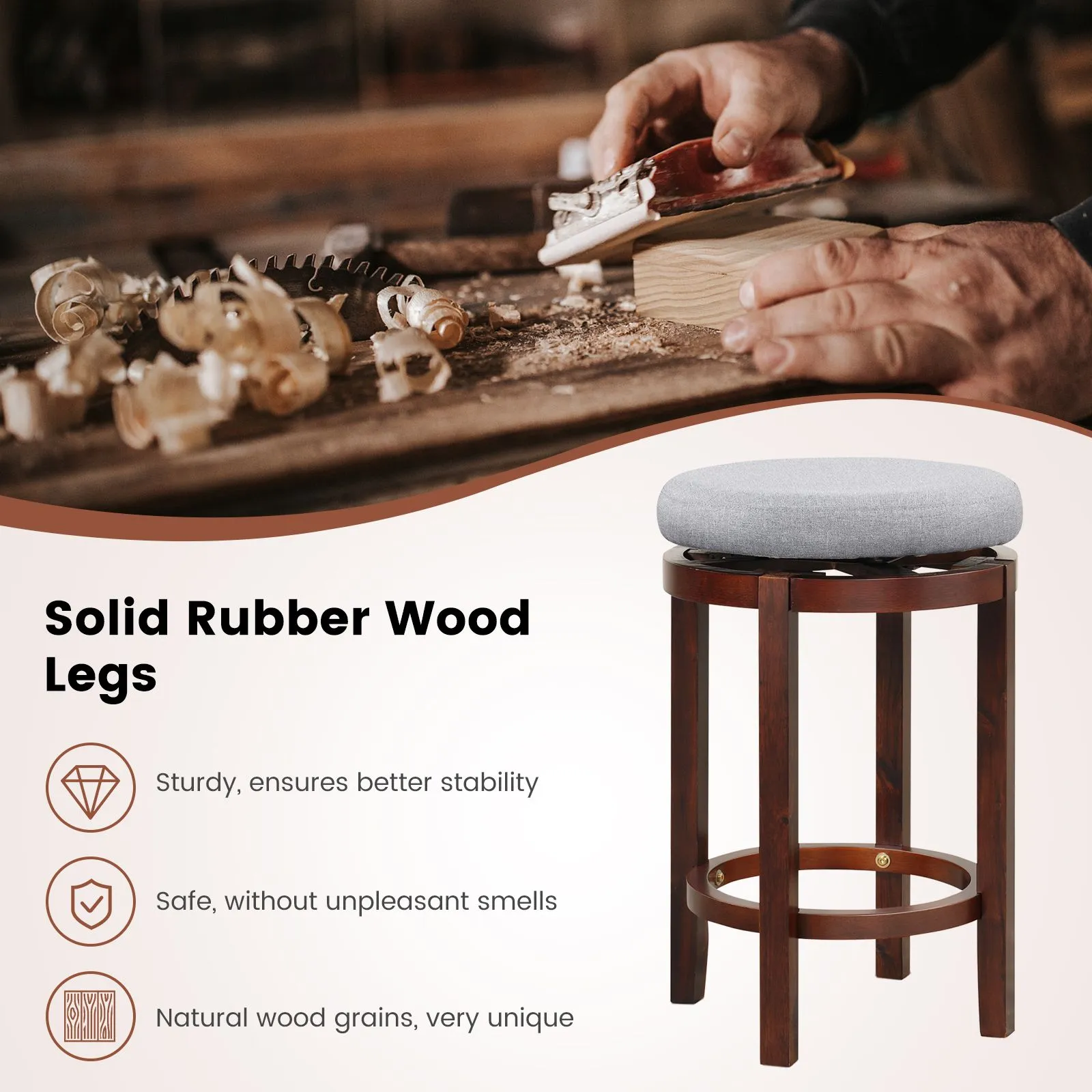 Costway Set of 2 Bar Stools Wooden Counter Height Chair 360° Swivel Kitchen Padded Seat in Grey 6