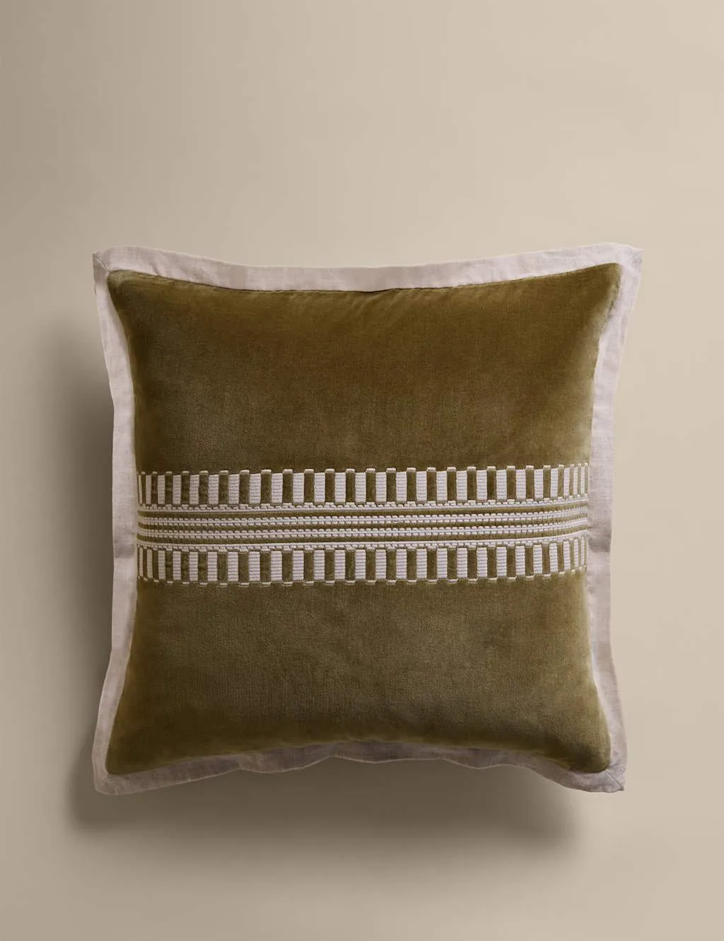 M&S Pure Cotton Velvet Embroidery Panel Cushion Moss