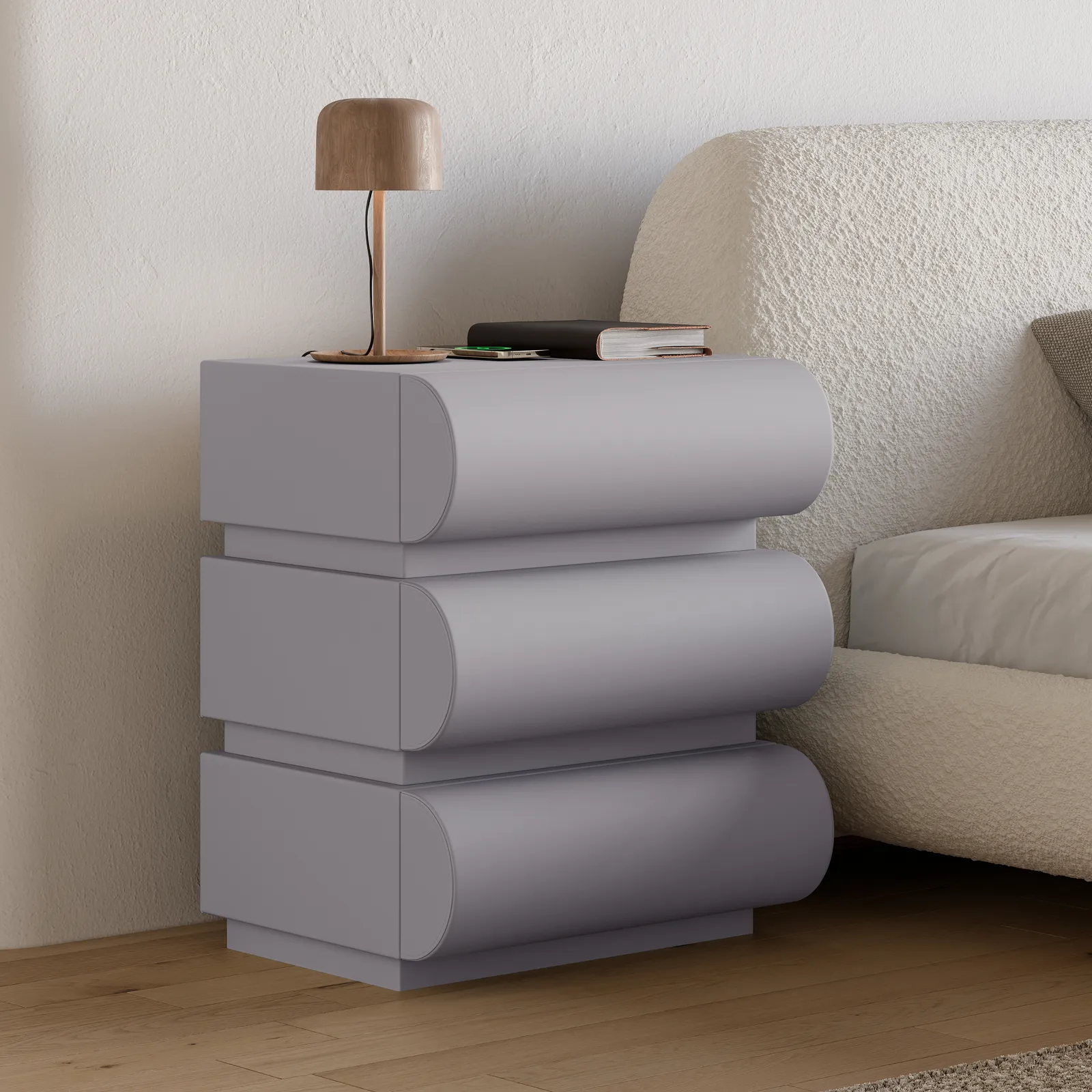Modern Light Grey Leather Smart Nightstand with Wireless Charger 3 Drawers Bedside Table with USB & Type-C Ports Set of 2