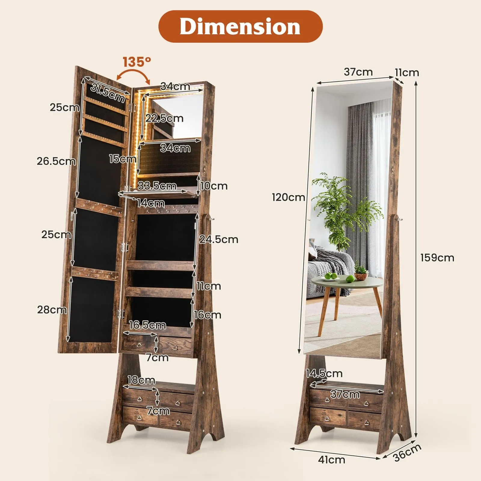 Costway Jewelry Cabinet 3-color LED Lighted Jewelry Organizer Armoire in Brown 2