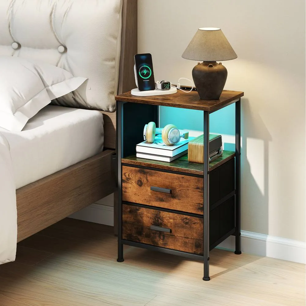 Costway 2 Pcs Bedroom Nightstand End Table with Charging Station-Brown in Brown 4