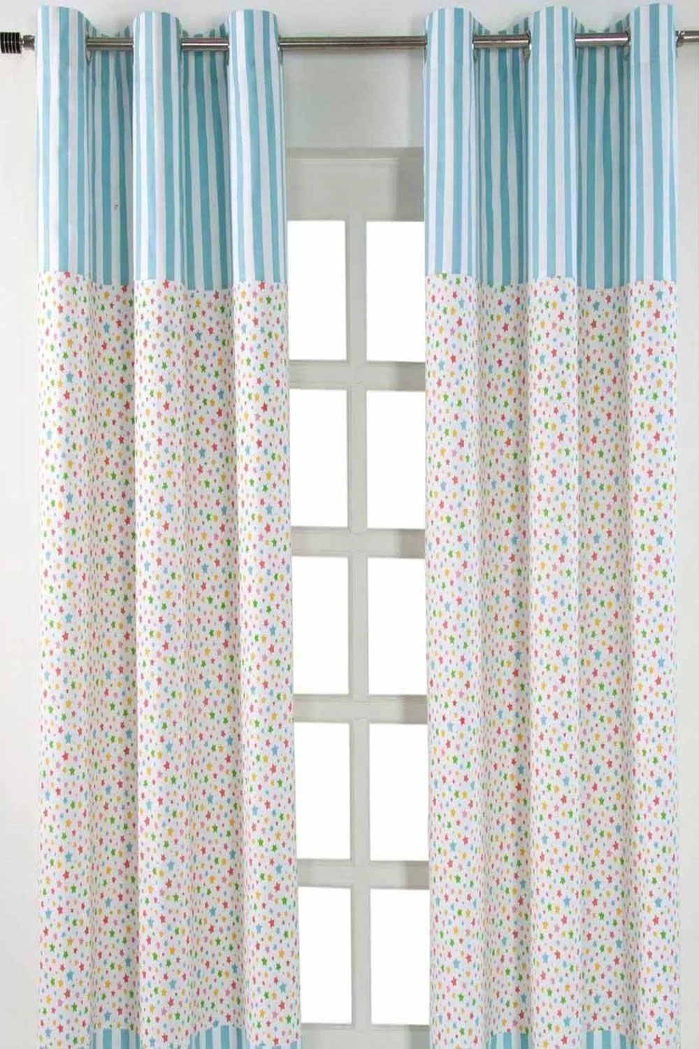 Homescapes Cotton Multi Stars Ready Made Eyelet Curtain Pair in Blue 1