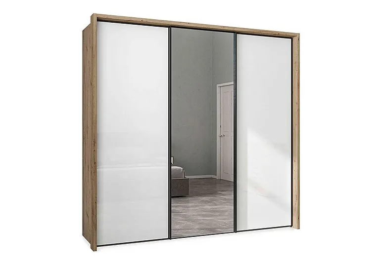 Dallas 235cm 3 Door Sliding Glass Wardrobe with Centre Mirror Door - Bianco Oak and White