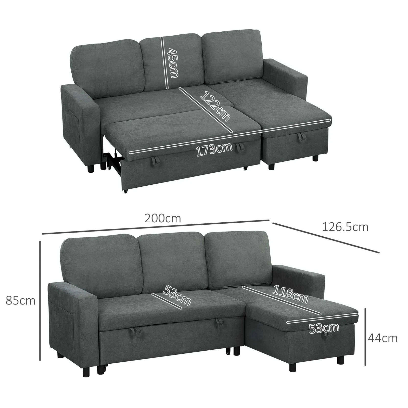 HOMCOM Pull Out Sofa Bed L Shape Corner Sofa w/ Reversible Chaise in Dark Grey 3