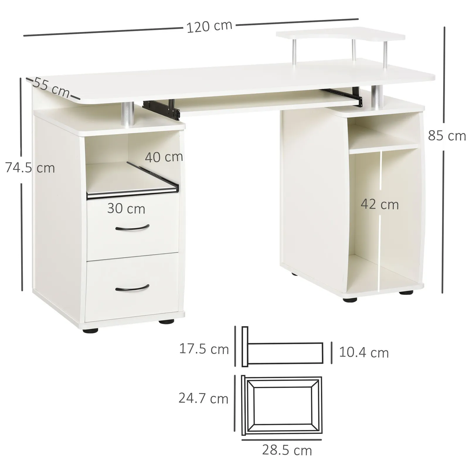 HOMCOM Computer Office Desk Table Workstation w/ Keyboard Tray, Drawer in White 3