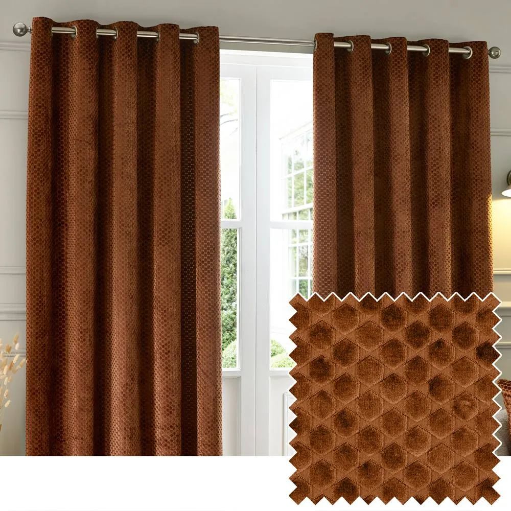 Paoletti Neptune Fully Lined Velvet Eyelet Curtain Pair in Copper 1
