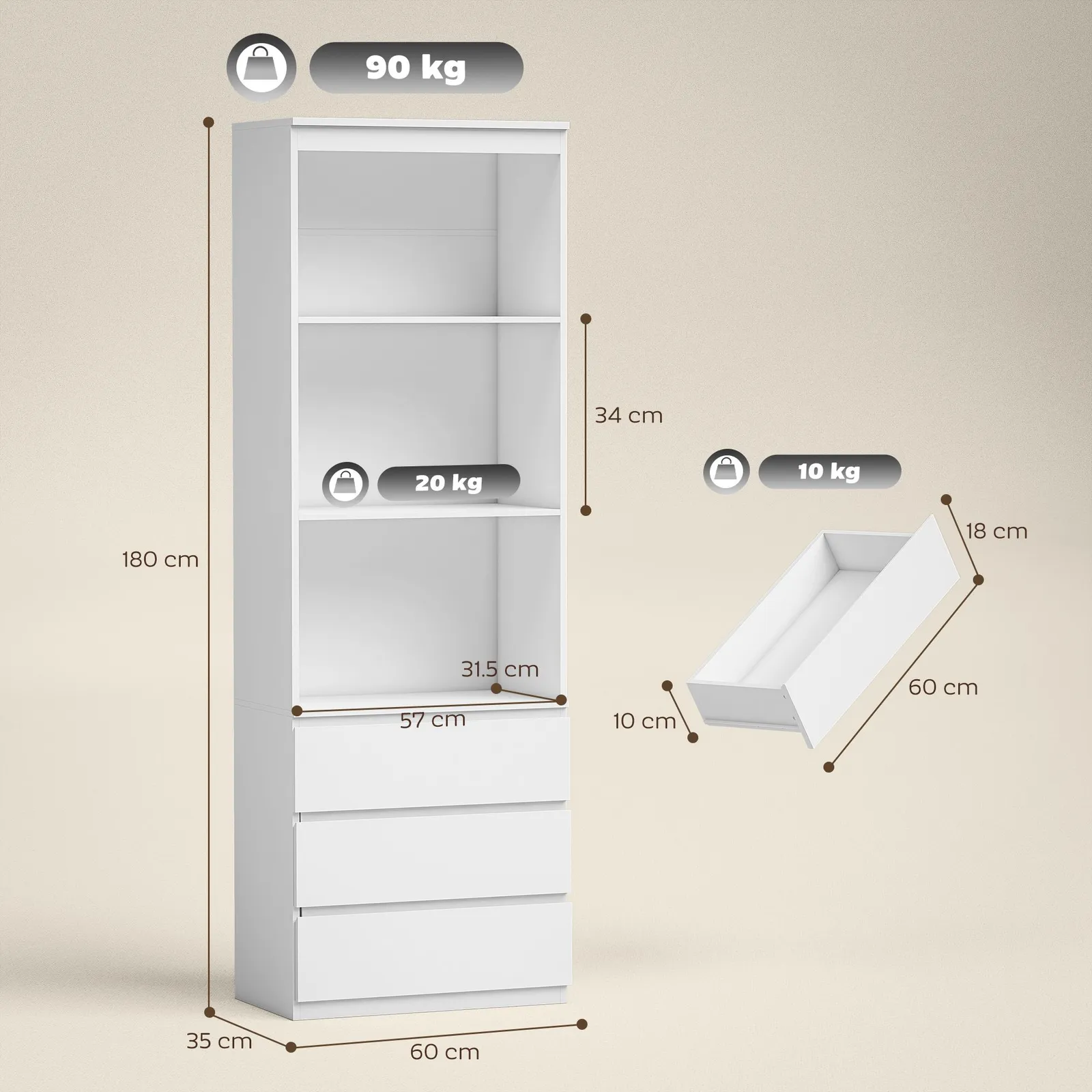 HOMCOM 180cm Tall Bookcase with Storage, Free Standing Bookshelf with 3 Shelves & 3 Drawers, Display Cabinet for Living Room, Home Office, Bedroom 3