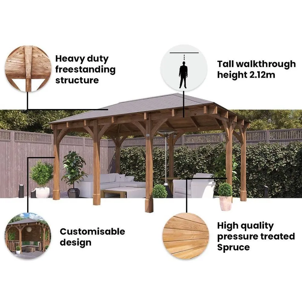 Dunster House Corner Wooden Gazebo with Roof Shingles 5m x 3m - Leviathan in Brown 4