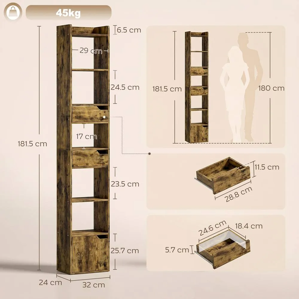 HOMCOM Bookcase Tall Narrow with 5 Tiers Drawers Rustic Brown 3