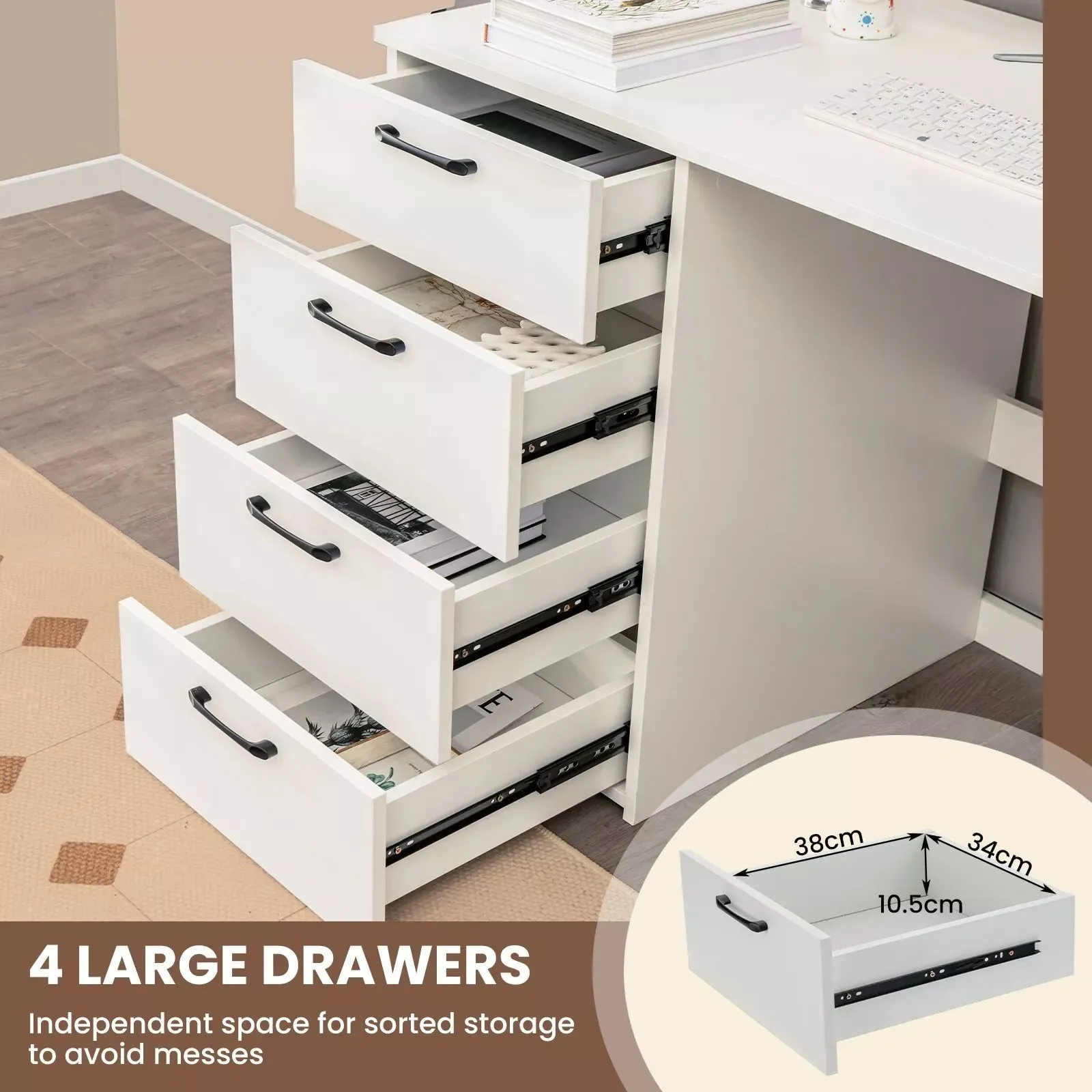 Costway 4 Drawers Computer Desk Modern Writing Desk Compact Laptop PC Table Workstation in White 4