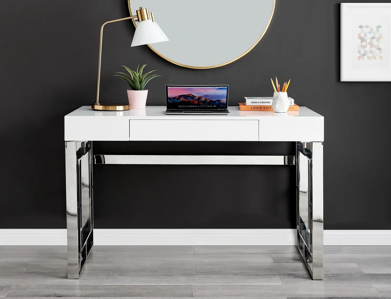 FurnitureboxUK Cambridge White High Gloss Office/Gaming Desk With Silver Chrome Geometric Legs 2