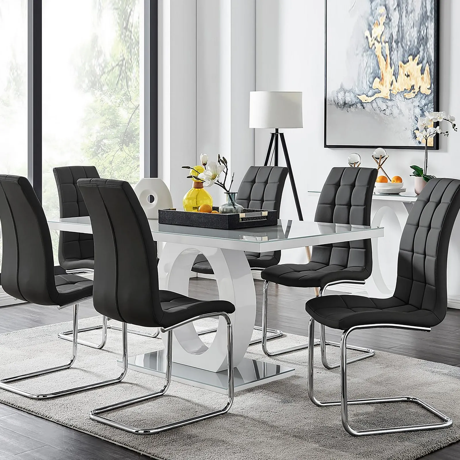 FurnitureboxUK Giovani 6-Seater Grey Glass Dining Table & 6 Murano Faux Leather Dining Chairs in Black 1