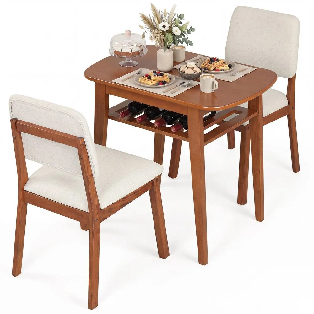 Costway 3-Piece Dining Table Set Solid Wood Kitchen Table with Storage Rack in Brown