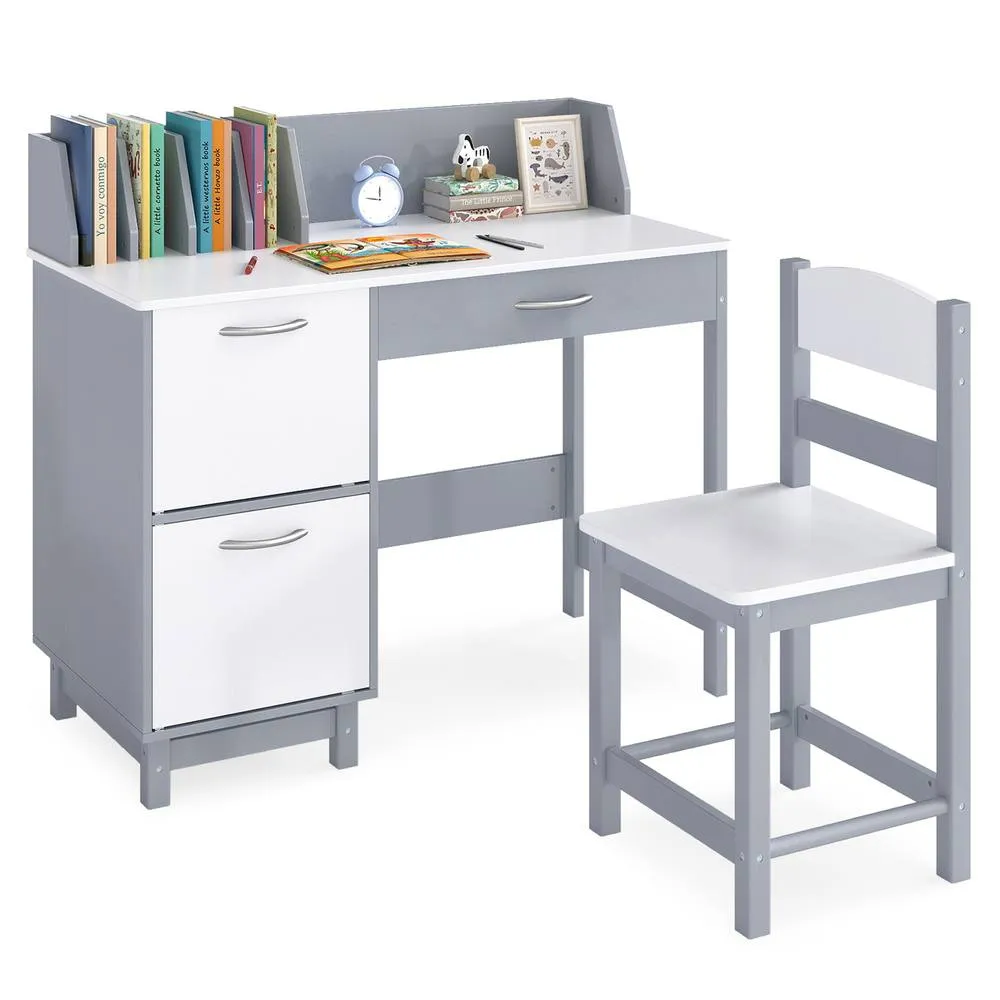 Costway Kid's Study Desk & Chair Set Wooden Activity Table w/ Chair in Grey 3