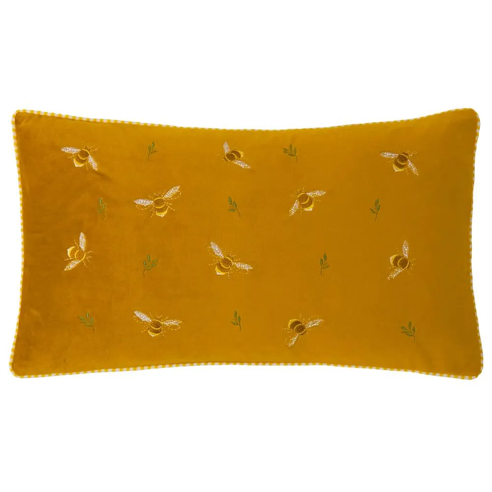 Wylder Ramble Bees Embroidered Velvet Cushion in Amber 2