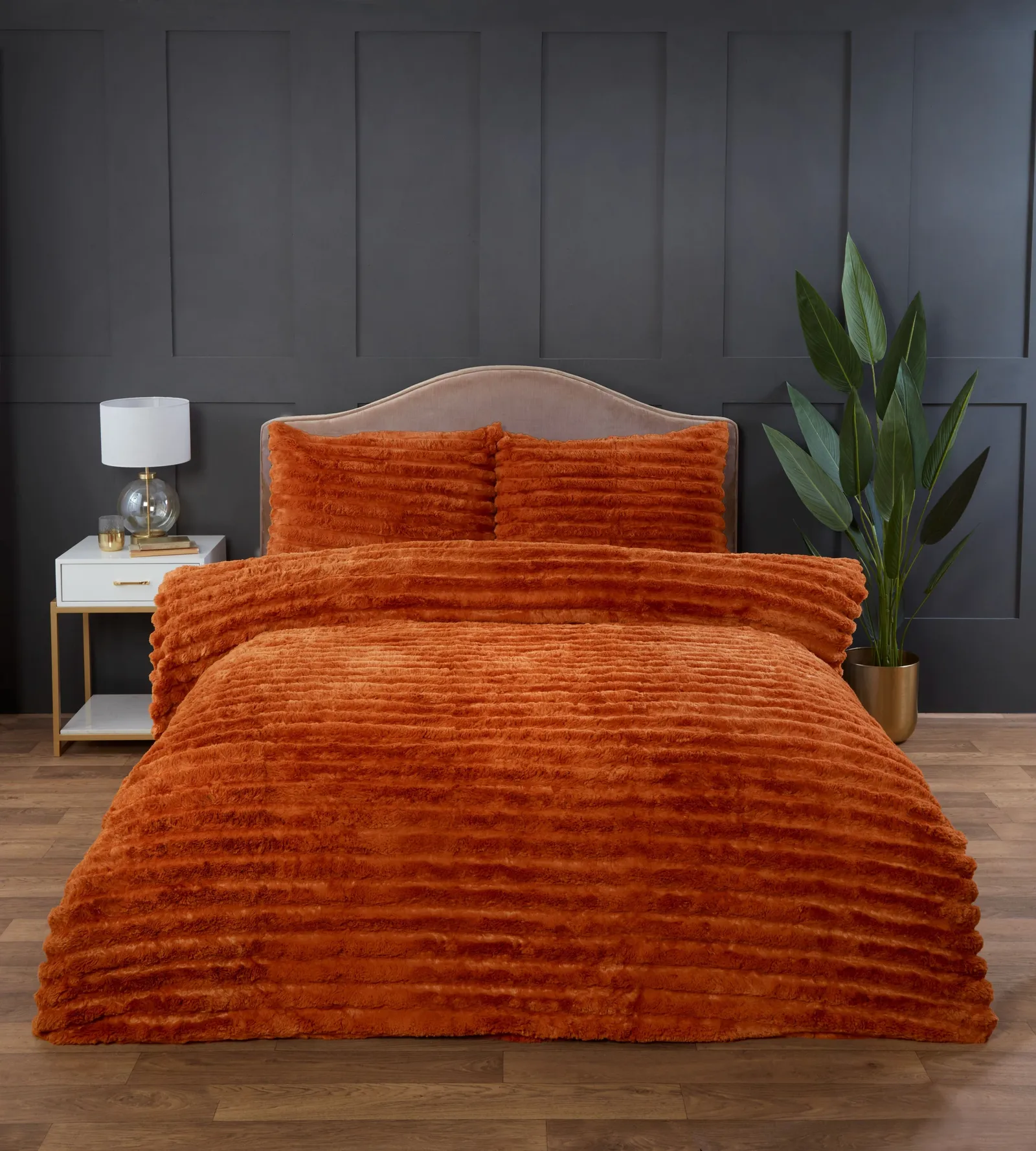 Rapport Home Chunky Ribbed Fur Polyester Soft & Cozy Duvet Cover Set With Pillowcase in Orange
