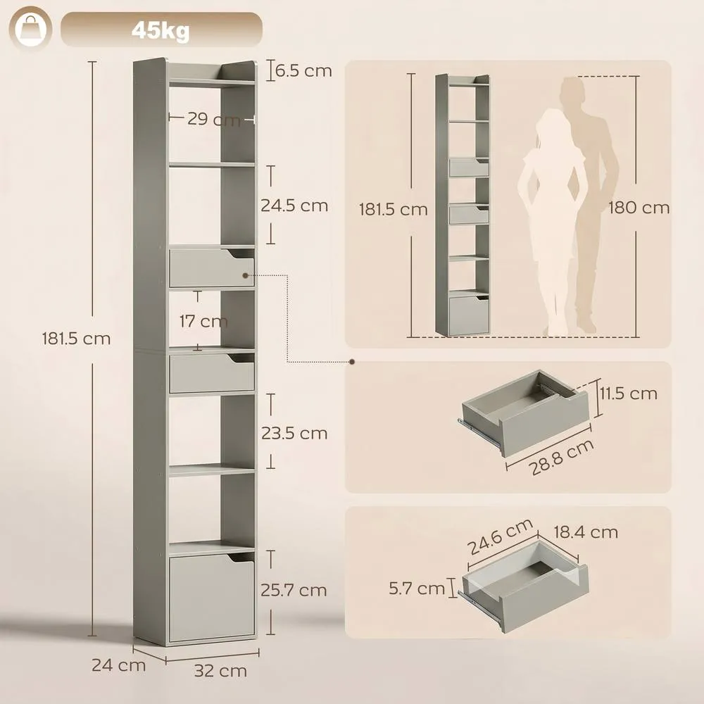 HOMCOM Bookcase Tall Narrow with 5 Tiers Drawers Grey 3