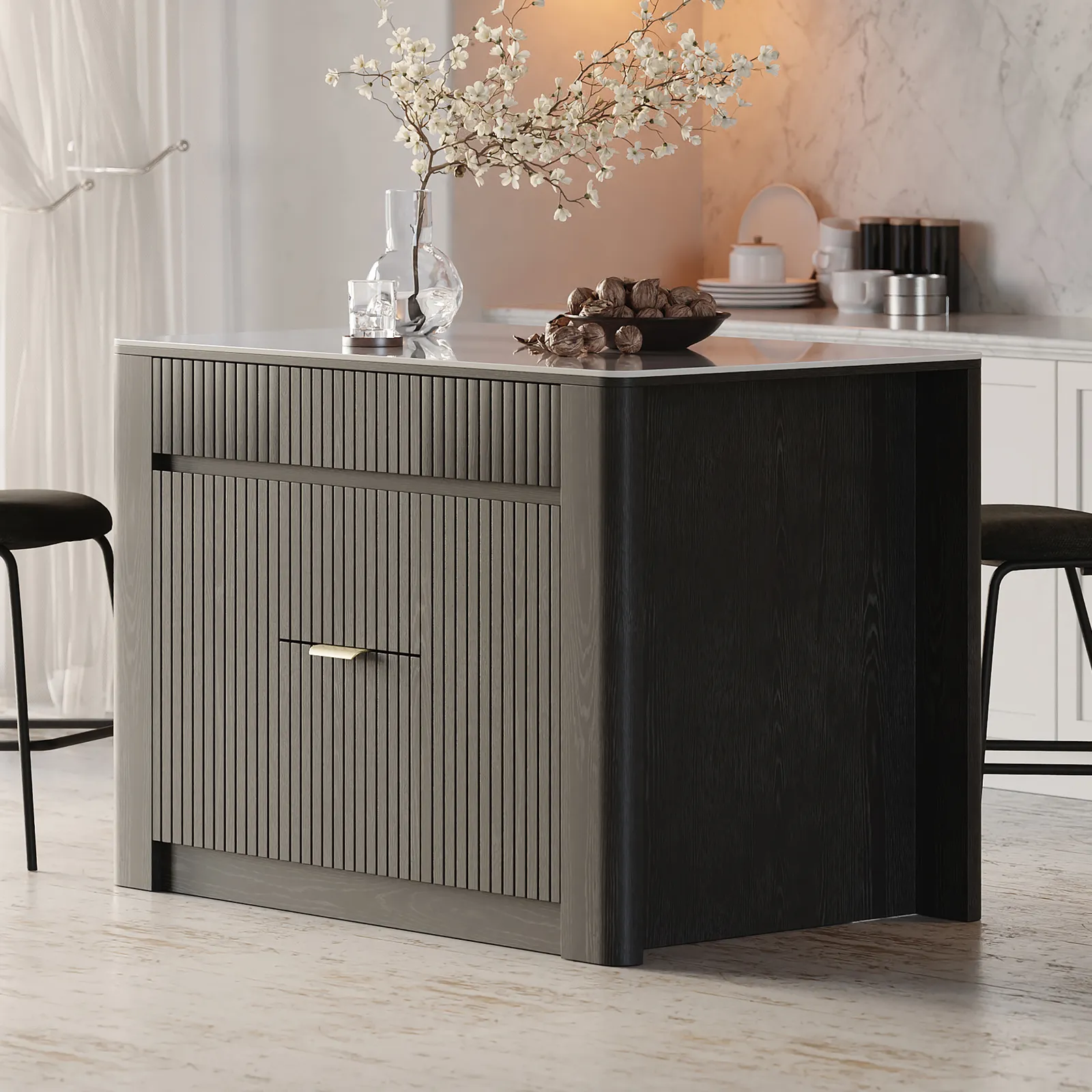 130 cm Kitchen Island Sintered Stone Top with Storage Black Modern