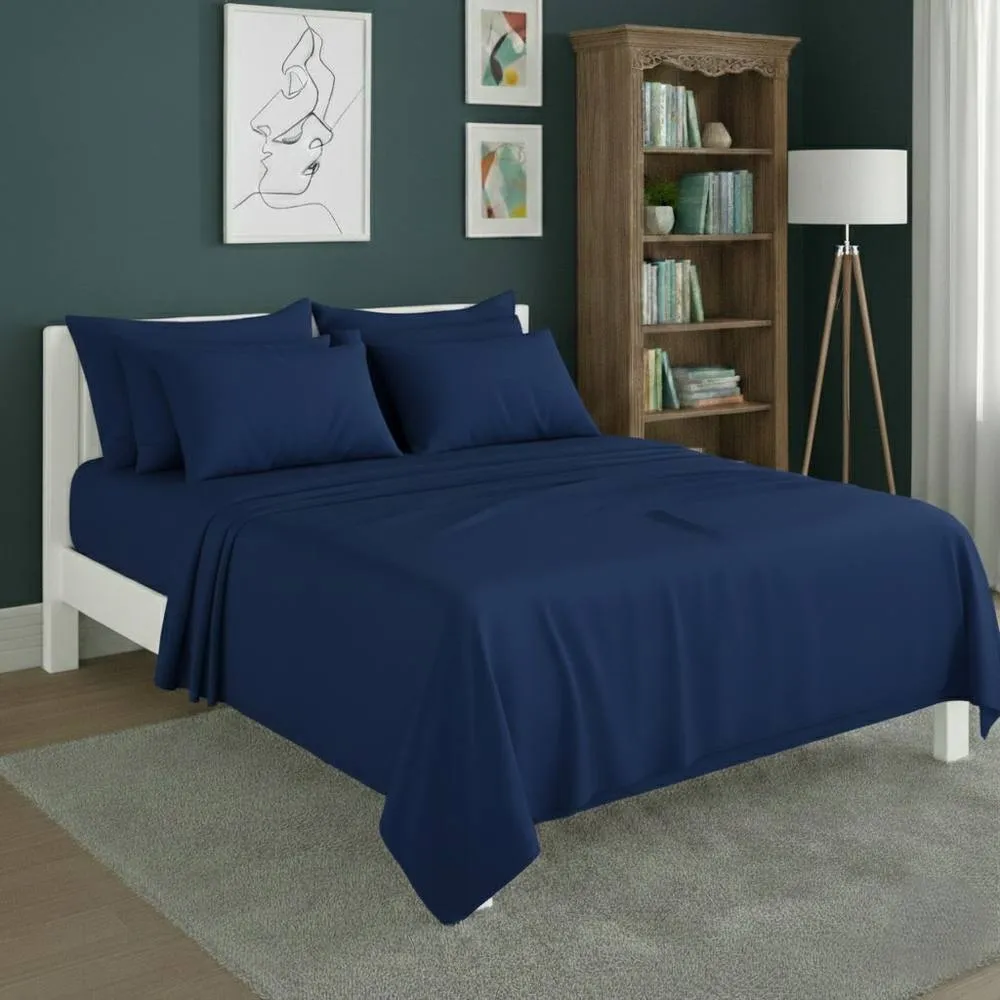Snug City Plain Poly Cotton Easy Care Fitted Flat Sheet Matching Pillowcases Set in Blue