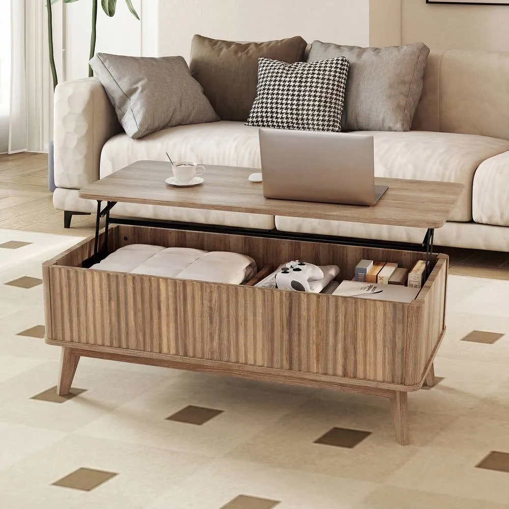Costway Fluted Lift Top Coffee Table 110CM Rectangle Wooden Center Table in Light Brown 5