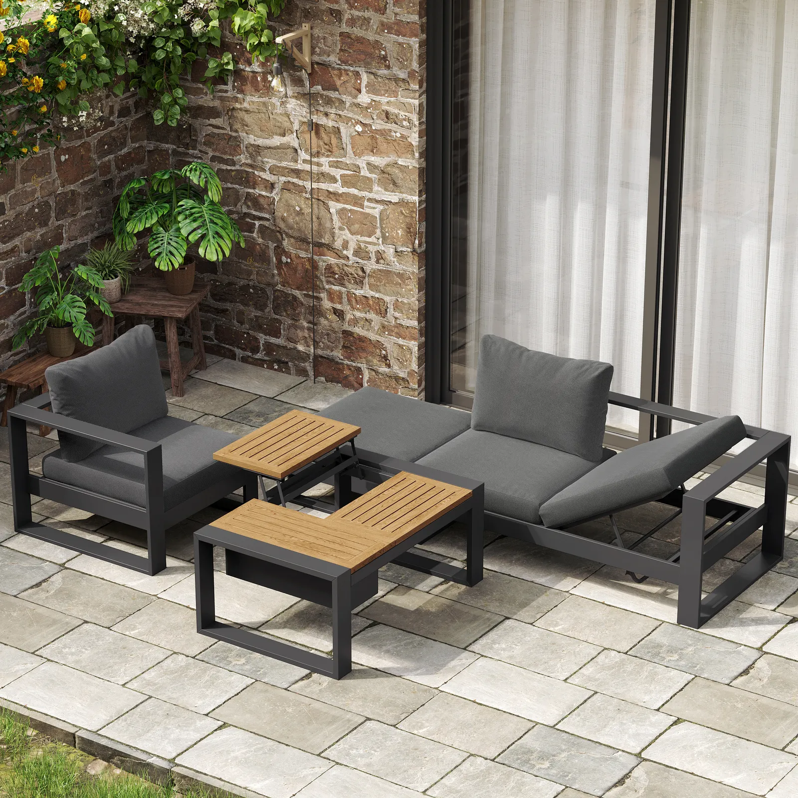 Slatera 4-Piece Modular Garden Sofa Set Aluminium & Acacia for 4 Person in Light Grey